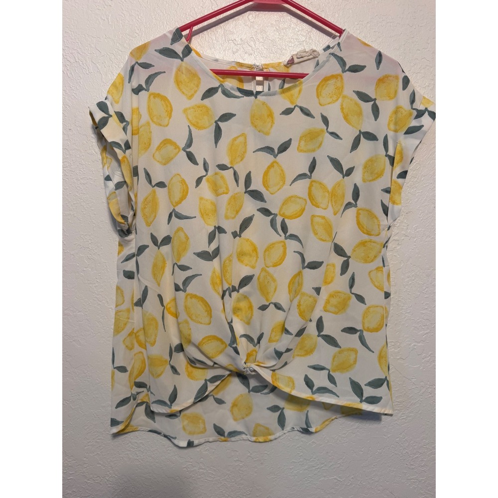 Hippie Rose Lemon Print Twist Front Blouse White Yellow Large PS0W10973